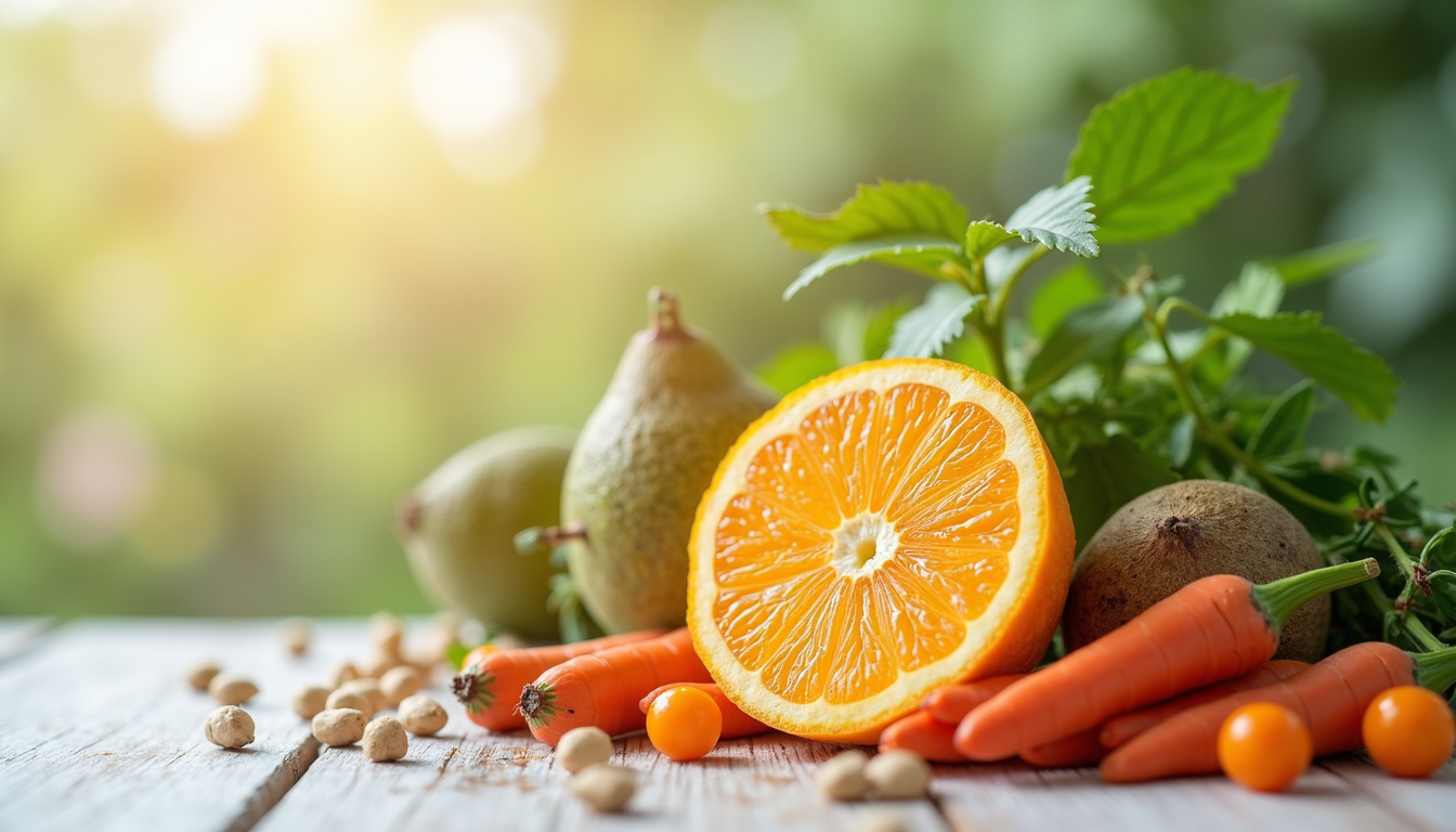 O persoană energică, zâmbind, cu o mulțime de legume și fructe proaspete în jurul ei, simbolizând un complex de vitamine